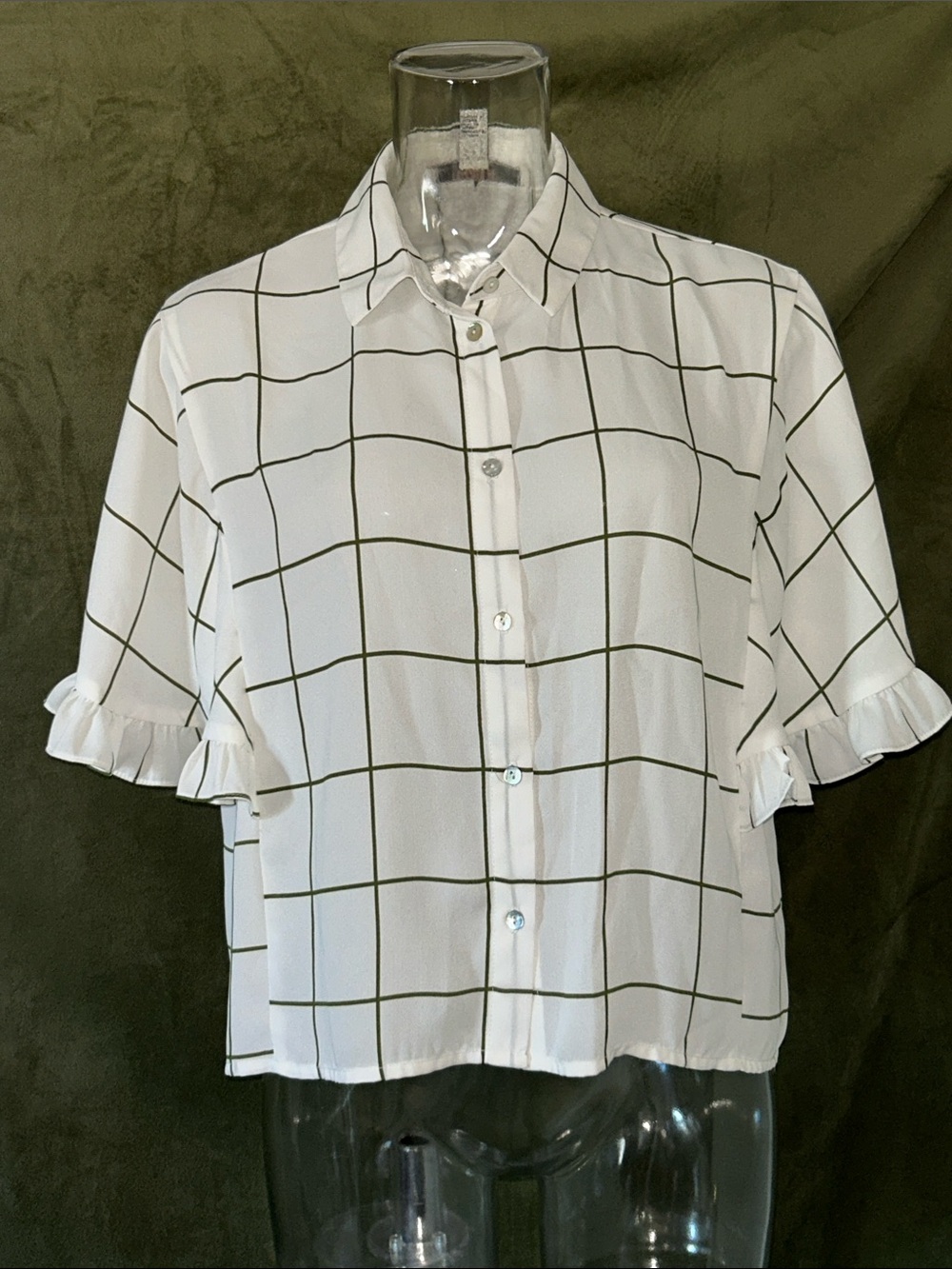 Forever 21 White Button-Down Windowpane Top with Olive Grid